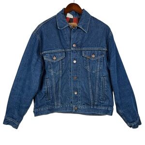 Vintage 1970’s Roebucks Denim Trucker Jacket Lined with Buffalo Plaid Sz 46 Reg.